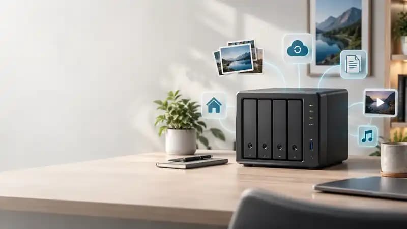 NAS quatre baies installé dans un bureau, relié à plusieurs usages numériques